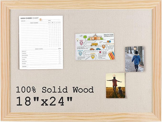 Bulletin Board Cork Board with Linen, 100% Wood Framed 18" x 24" Bulletin Board Decorations, Pin Boards for Walls, Wall Mounted Fabric Picture Board with 10 Pushpins for School, Home & Office, Natural-DeskLoop Office