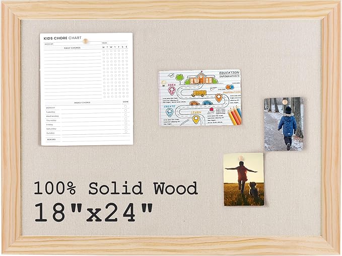 Bulletin Board Cork Board with Linen, 100% Wood Framed 18" x 24" Bulletin Board Decorations, Pin Boards for Walls, Wall Mounted Fabric Picture Board with 10 Pushpins for School, Home & Office, Natural-DeskLoop Office