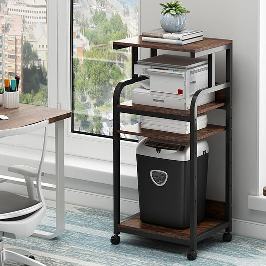 4-Tier Printer Stand with Adjustable Storage Shelf, Large Tall Printer Table with Wheels for Home Office Small Spaces Organization, Rustic Brown-DeskLoop Office