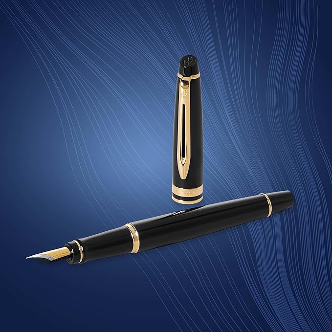 Waterman Expert Fountain Pen, Gloss Black with 23k Gold Trim, Medium Nib, Luxury Pen in Gift Box, Fountain Pen for Writing-DeskLoop Office