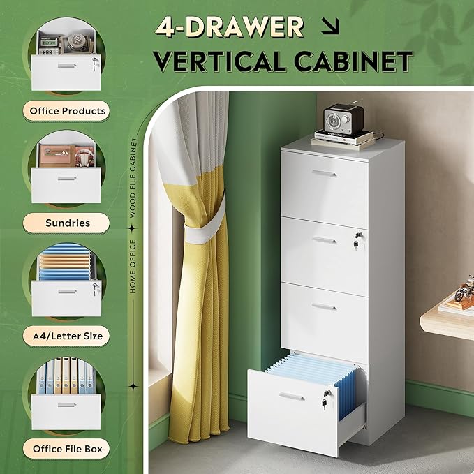 DEVAISE 4 Drawer File Cabinet with Lock, Vertical Filing Cabinet for A4/Letter Size Files, Wood Storage Organizer for Home Office, White