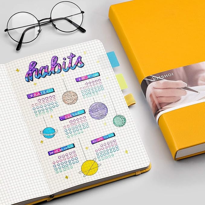 EMSHOI Graph Paper Notebook - 256 Pages A5 Graph Notebook/Journal, Square Grid Notebooks for Work, 120gsm Thick Paper, Executive Hardcover Leather, Inner Pocket, Pen Loop 5.75'' × 8.38''-Yellow-DeskLoop Office