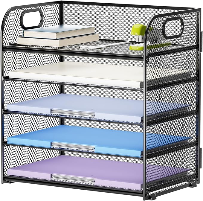 Marbrasse 5 Tier Paper Organizer Letter Tray, Mesh Desk File Organizer with Handle, Paper Sorter Desk Organizer for Home Office Supplies(Black)-DeskLoop Office
