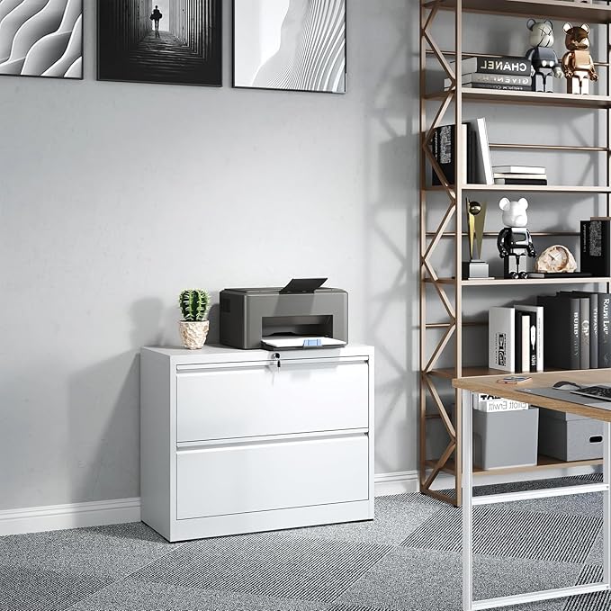 2 Drawer Lateral File Cabinet with Lock, Metal Lateral Filing Cabinet for Home Office, Steel Wide Horizontal Filing Cabinets for Letter/Legal/A4/F4 Hanging Files (White)-DeskLoop Office