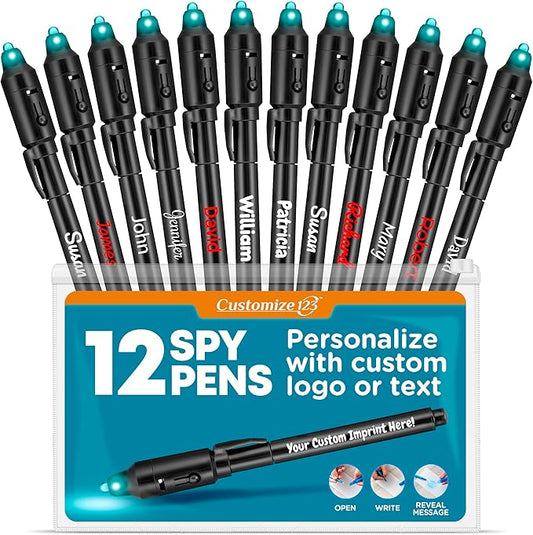 Personalized Invisible Disappearing Ink Pen Marker Pack, Custom Secret Spy Message Writer with UV Light, Fun for Kids Party Favors Gifts and Stock Stuffers, 12 Pack, Black-DeskLoop Office