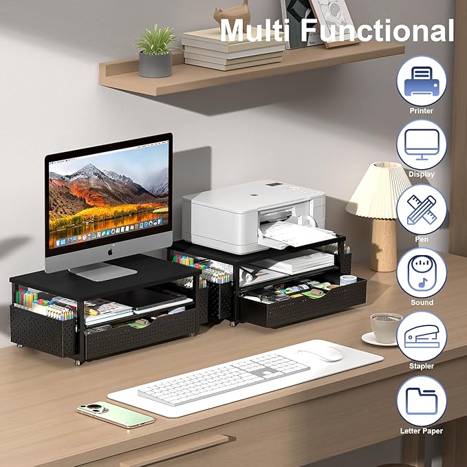 Desk Organizer and Accessories, Computer Monitor Stand Riser with Drawer and 2 Pen Holders, Office Desk Accessories & Workspace Organizers for Office Supplies (Black)-DeskLoop Office