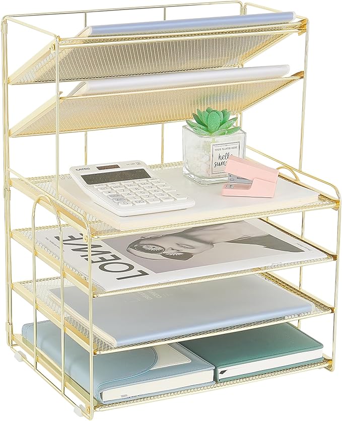 6-Tier Letter Tray Paper Organizer, Desk Organizers and Accessories, Desktop File Organizer, Office Desk Accessories for Office Supplies (Gold)-DeskLoop Office