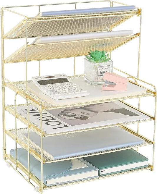 6-Tier Letter Tray Paper Organizer, Desk Organizers and Accessories, Desktop File Organizer, Office Desk Accessories for Office Supplies (Gold)-DeskLoop Office