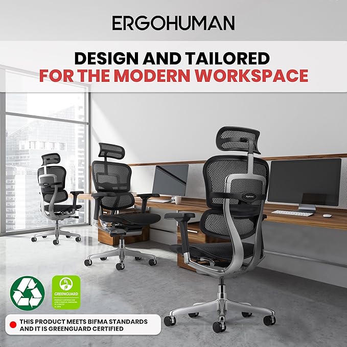 Ergohuman Eurotech ME7ERG GEN2 High Back Mesh Office, Computer, or Gaming Chair w/Tilt Tension Control & Lock, Back Angle/Height, Swivel Arms, Seat Height,/Depth, and Arm Height Adjustments, Black-DeskLoop Office
