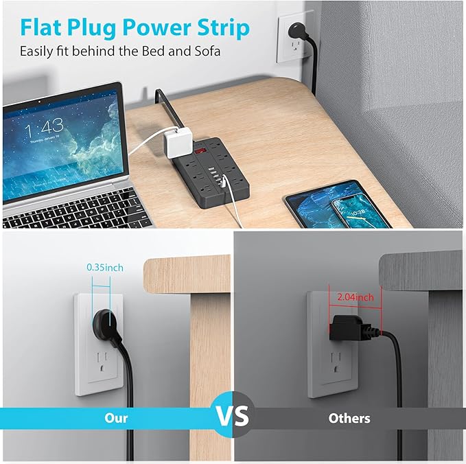 10ft Extension Cord Long Power Strip,AOFO 8 Widely-Spaced Outlets & 6 USB(1 USB C) Ports Flat Plug Power Strip,Power Cord for Wall Mountable and Desktop Black
