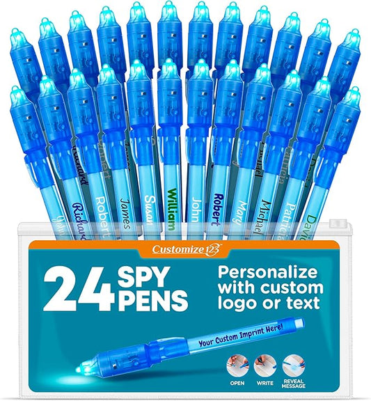 Personalized Invisible Disappearing Ink Pen Marker, Custom Secret Spy Message Writer with UV Light, Fun Activity Entertainment for Kid Party Favors Ideas Gifts and Stock Stuffers, 24 Pack, Blue-DeskLoop Office