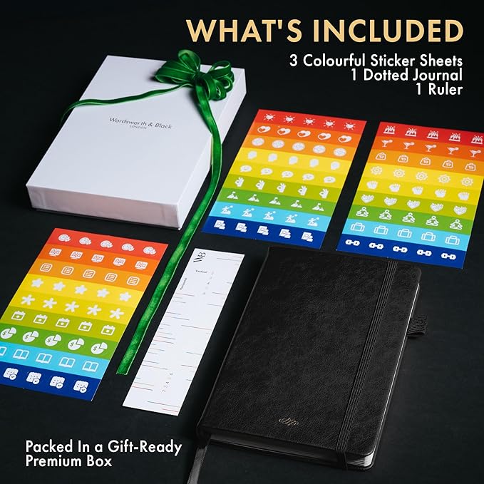 Wordsworth & Black A5 Bullet Dotted Journal 216 Dotted Pages, Hardcover Grid Dot Leather, 120 GSM Paper, Journaling Notebook for Work & Sketching, Journals for Women, Men - Gifts Box Included Black-DeskLoop Office