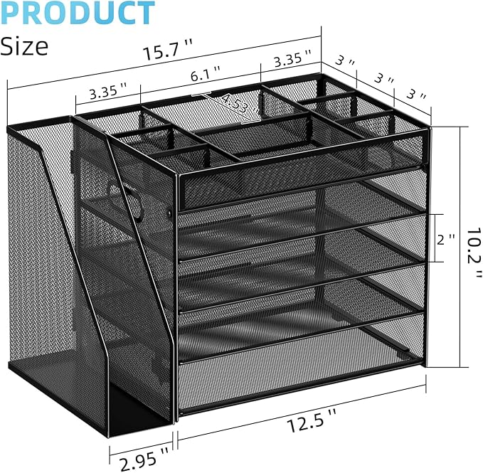 Marbrasse 5-Tier Desk Organizer with File Holder,Paper Letter Tray Organizer,Desktop File Organizer with Adjustable Compartments,Mesh Desk Organizers and Accessories for Office Supplies,Black-DeskLoop Office