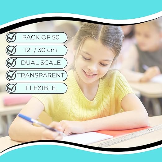 NOKKO Rulers Bulk for Classroom - Pack of 50 - Clear Plastic Ruler 12 Inch / 30 cm - Transparent School Ruler with Inches and Centimeters - Back to School Supplies for Kids, Students and Teachers-DeskLoop Office