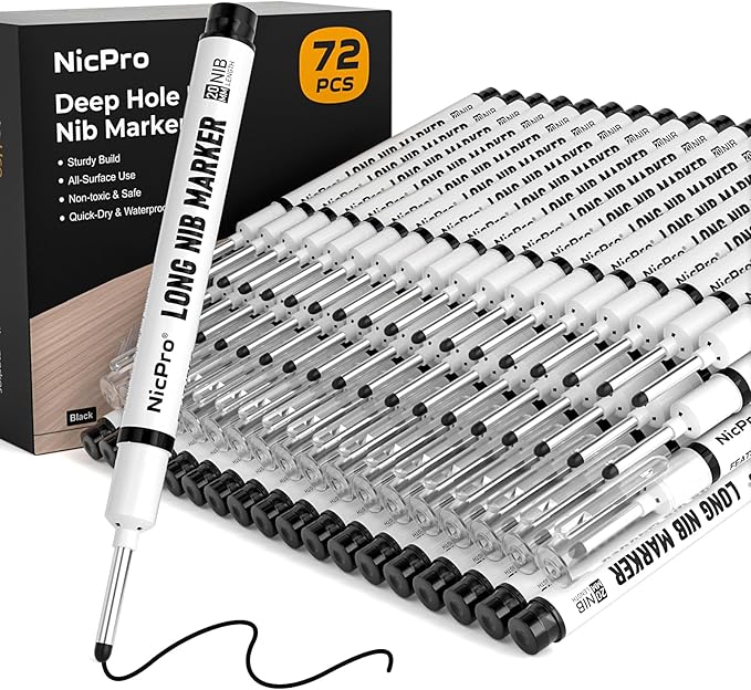 Nicpro 72 PCS Long Nib Marker Pens, 20mm Deep Hole Markers Bulk, Quick Dry & Waterproof Construction Marker, Long Head Mark Pens for Metal, Steel, Tile, Glass, Carpenter Marking Tool for Woodworking-DeskLoop Office