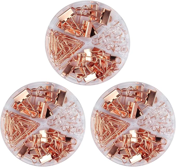 Paper Clips and Binder Clips Set, 3 Pack, 216 pcs, Metal Assorted Sized Binders with Push Pins, Cute Rose Gold Office Supplies for Desk, Desk Accessories-DeskLoop Office
