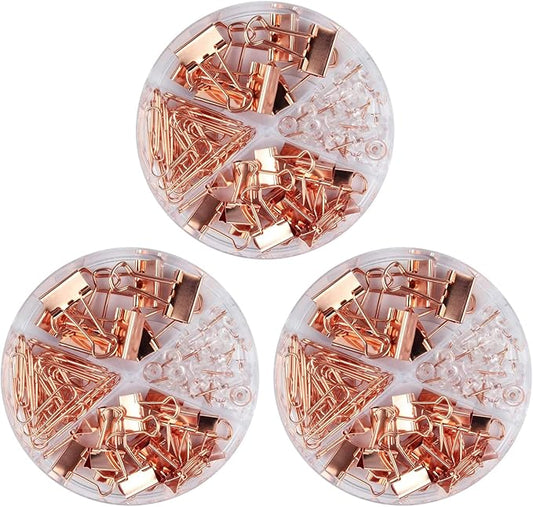 Paper Clips and Binder Clips Set, 3 Pack, 216 pcs, Metal Assorted Sized Binders with Push Pins, Cute Rose Gold Office Supplies for Desk, Desk Accessories-DeskLoop Office