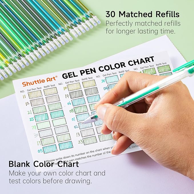 Shuttle Art 60 Pack Green Tone Gel Pens, 30 Green Tone Gel Pens with 30 Refills for Adults Coloring Books Journaling Drawing Nature, Landscapes, Animals Scenes-DeskLoop Office