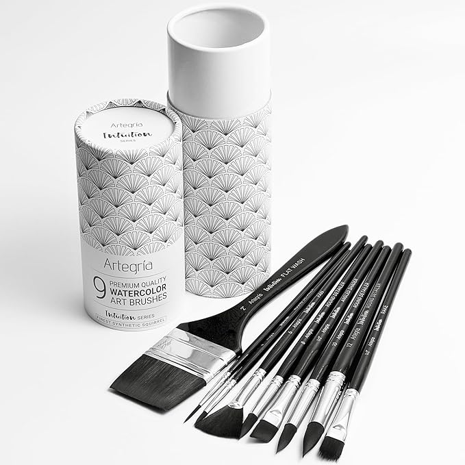 ARTEGRIA Watercolor Brush Set, 9 Professional Soft Synthetic Squirrel Paint Brushes, Including Round Detailers, Flat Wash, Rigger, Rake, Fan, Angled Shader-DeskLoop Office