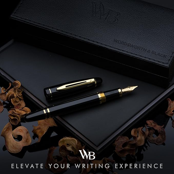 Wordsworth & Black Majesti Fountain Pen-(Black), Luxury Case, Gold Finish; 18K Gilded Medium Nib- Ink Cartridges, Refillable Ink Converter-Calligraphy Pen-Best Business Gift Set for Men & Women-DeskLoop Office