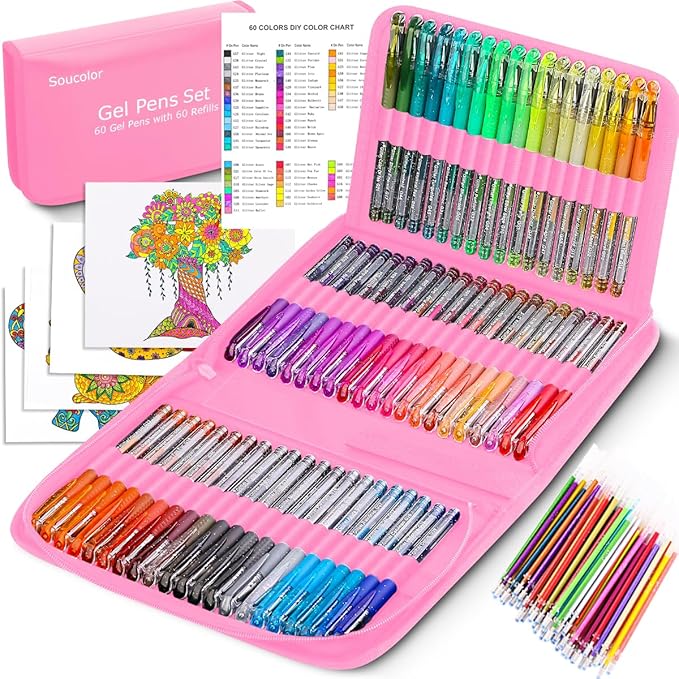 Soucolor Cute Office School Supplies Gifts for Women Teen Girl Birthday, 120 Pack Glitter Gel Pens-60 Glitter Pens, 60 Refills and Travel Case, Japanese Stationary Nurse Cool Gifts for Coworkers-DeskLoop Office