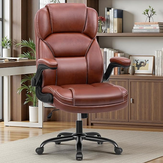 PU Leather Executive Office Chair, Ergonomic Mid-Back Computer & Gaming Chair with Adjustable Height, Rolling Swivel & Flip-Up Armrests, Comfy Padded Seat for Home Office-Brown-DeskLoop Office