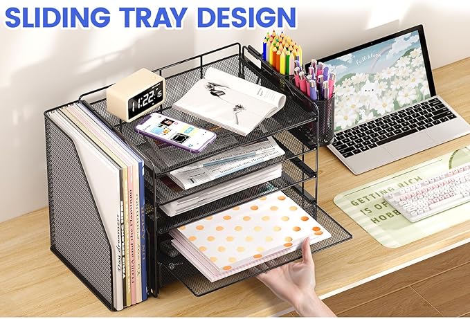 Desk Organizers and Accessories, 5-Tier Paper File Organizer with Drawer & Pen Holder, Office Desk Accessories Workspace Desktop Organizer for Office Supplies(Black)-DeskLoop Office