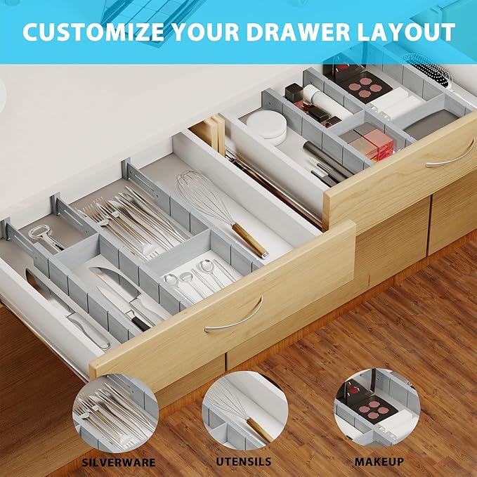 6 Pack Bamboo Drawer Dividers with 12 Inserts, Expandable Adjustable Clothes Drawer Organizers and Storage from 17" to 22" for Kitchen, Bedroom, Dresser, Cosmetics (Gray)-DeskLoop Office