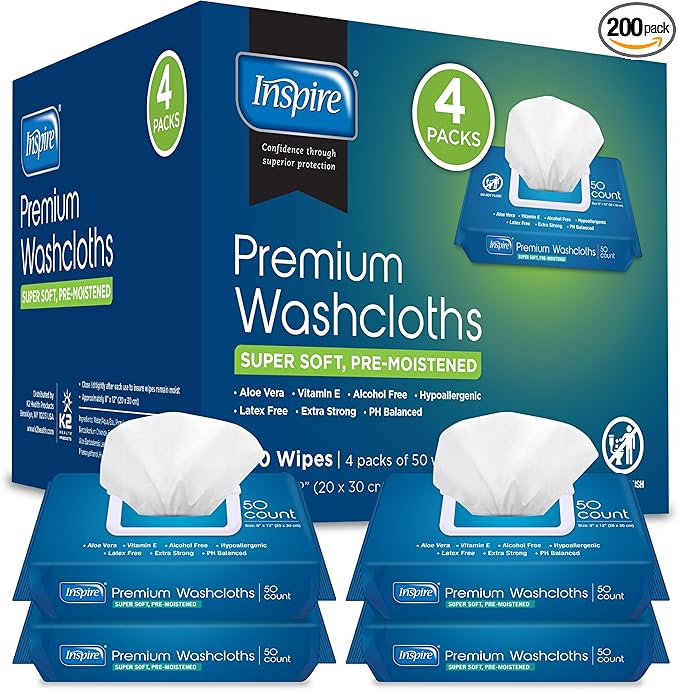 Inspire Adult Wet Wipes, Wash Cloths | Adult Wipes for Incontinence & Cleansing for Elderly, 8"x12" (200 count)-DeskLoop Office