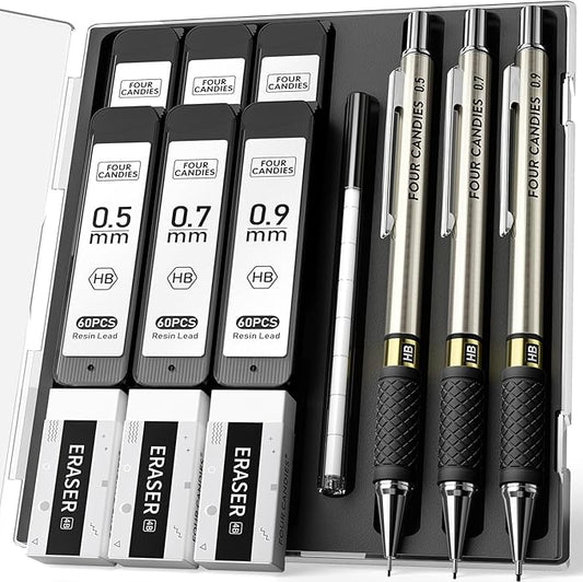 Four Candies Metal Mechanical Pencil Set - 3PCS 0.5 & 0.7 & 0.9 mm Art Pencils & 360PCS HB Lead Refills & 3PCS Erasers & 9PCS Eraser Refills, for Drawing, Writing, Sketching, Drafting - With Case-DeskLoop Office