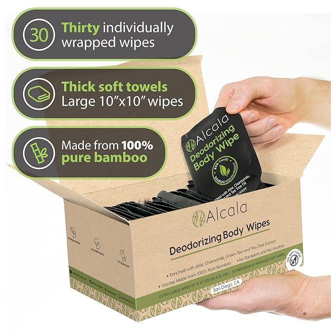 Alcala Deodorizing Body Wipes Individual Shower Wipes 100% Pure Biodegradable Bamboo Wet Wipes with Aloe Tea Tree Adult Body Wipes for Women & Men Ideal for Camping Hiking, Hospitals & Gym (30 Pack)-DeskLoop Office