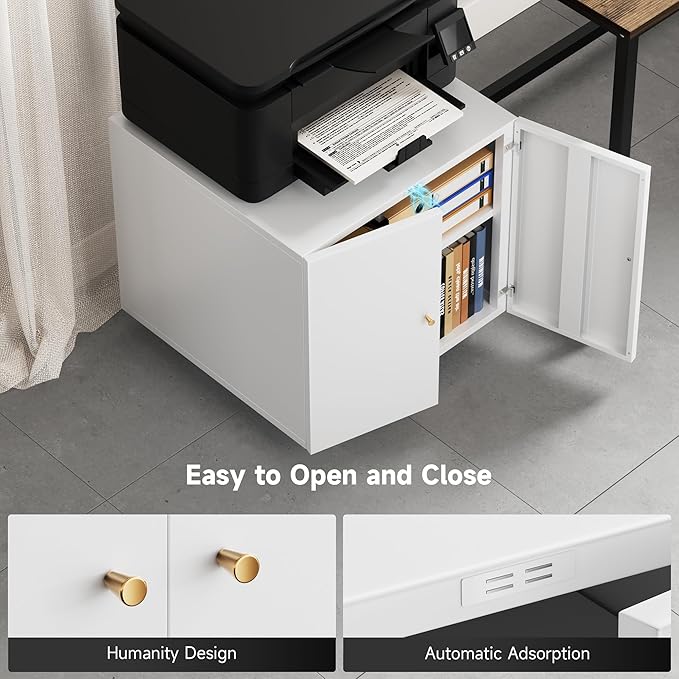 Warmiehomy Metal Printer Stand with Storage Mobile Printer Tables for Small Spaces with Door Adjustable Shelf File Cabinet on Wheels for Home Office (White)-DeskLoop Office
