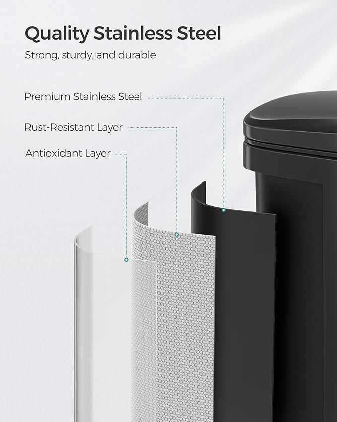 SONGMICS Trash Can, Garbage Can with Lid, 5.2-Gallon (20L) Step Trash Bin for Kitchen, Stainless Steel, Soft Close and Stays Open, Inner Bucket, Includes 15 Trash Bags, Black ULTB543B01-DeskLoop Office