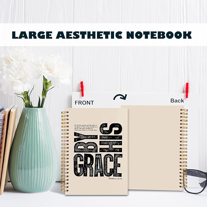 BearCake Christian Notebook Journal, Christian Gifts for Women, By His Grace Scripture Prayer Journal for Women, Bible Journaling Neutral Hardcover Spiral Notebook 5.5x8.3-DeskLoop Office
