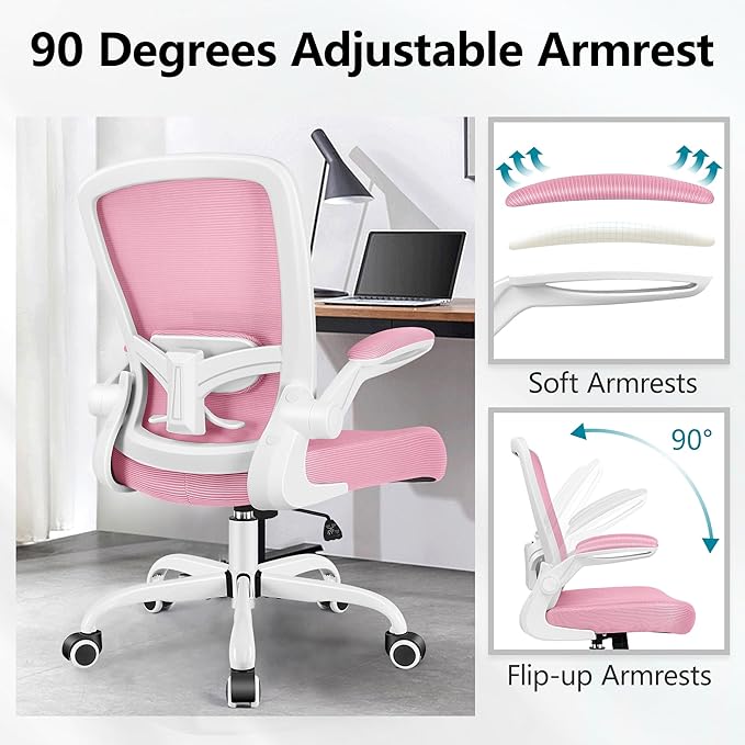 FelixKing Office Chair, Ergonomic Desk Chair Breathable Mesh Chairs with Adjustable High Back Lumbar Support Flip-up Armrests, Executive Swivel Comfy Task Computer Chairs for Home Office Pink-DeskLoop Office