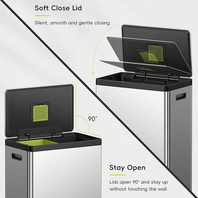 EKO EcoCasa II Rectangular Kitchen Step Trash Can, 20L+20L Dual Compartment Recycling Bins, Stainless Steel Lid and Pedal, Odor-Proof, Fingerprint Resistant-DeskLoop Office