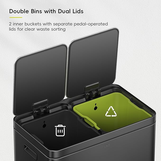 EKO Edison 8+8 Gallon Dual Trash Can for Recycling and Trash, Stainless Steel Kitchen Step Can with Dual Removable Inner Bucket, Independent Lids and Pedals, Black-DeskLoop Office