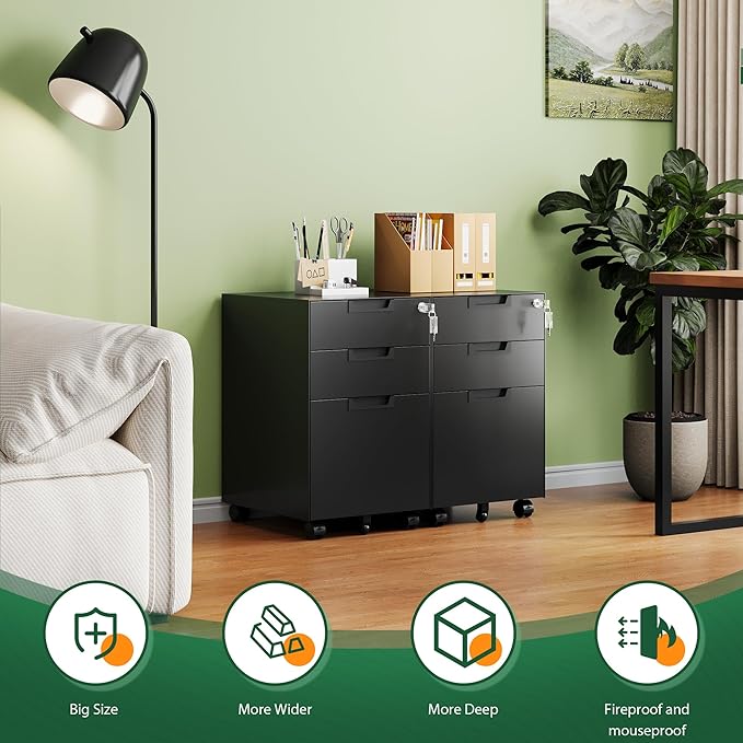 Letaya 3 Drawer Mobile File Cabinet with Lock,Under Desk Metal Small Filing Cabinets for Home Office Organizer Letters/Legal/A4(Fully Assembled Except Wheels-Black)-DeskLoop Office