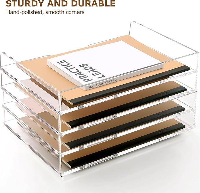 SANRUI 4 Tier Acrylic Paper Letter Tray Desk Stackable Organizer Trays,Clear Enlarged A4 Stackable File Document Tray, Workspace Office Supplies Organizers and Accessories Sorter,13.82inx9.29inx6.7in-DeskLoop Office