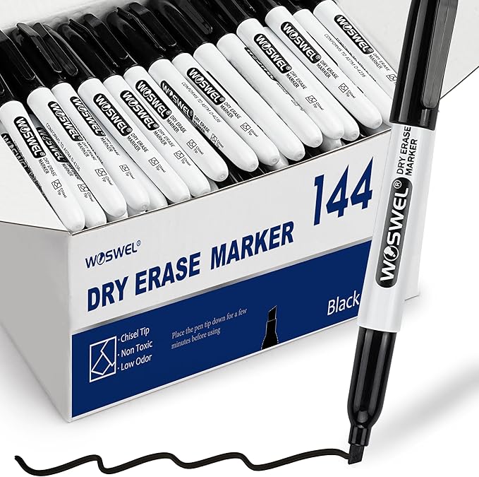 Dry Erase Markers Bulk, 144 Pack Black Chisel Tip Whiteboard Markers, Low Odor Dry Erase Markers for School Office Home-DeskLoop Office