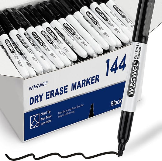 Dry Erase Markers Bulk, 144 Pack Black Chisel Tip Whiteboard Markers, Low Odor Dry Erase Markers for School Office Home-DeskLoop Office