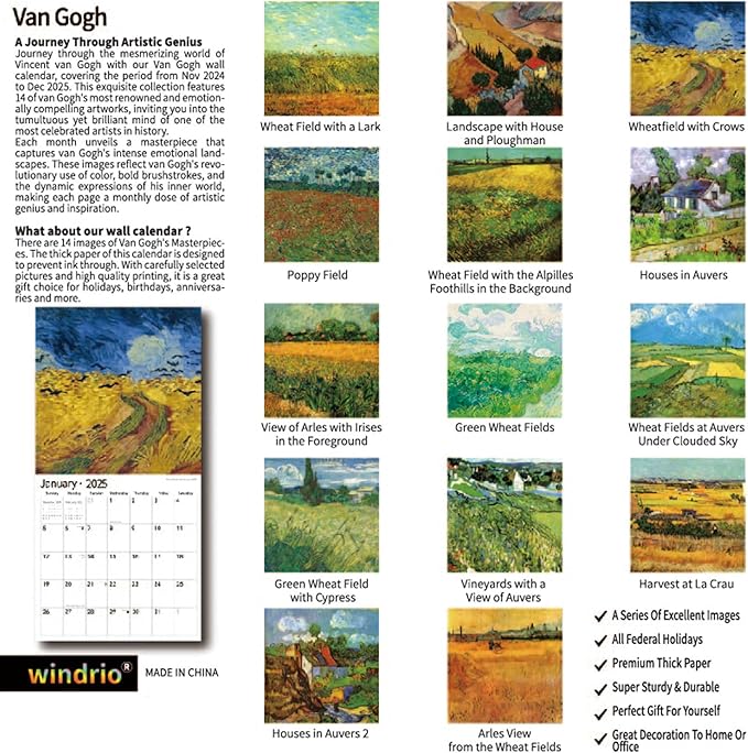 2025 Wall Calendar,Calendar 2025, January 2025 - December 2025, Wall Calendar Vincent van Gogh Painting, 12" x 24" Opened,Full Page Months Thick & Sturdy Paper for Calendar Organizing & Planning-DeskLoop Office