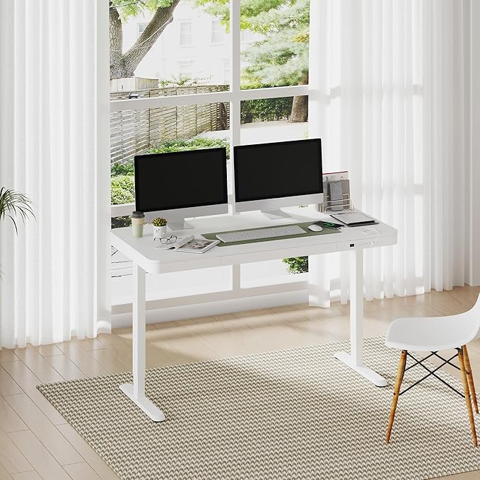 FLEXISPOT 55" White Electric Standing Desk with Drawers, Quick Assembly Home Office Sit Stand Desk with Storage, USB Charging, Computer Desk for Home Office (White Top + Adjustable Frame, Comhar)-DeskLoop Office