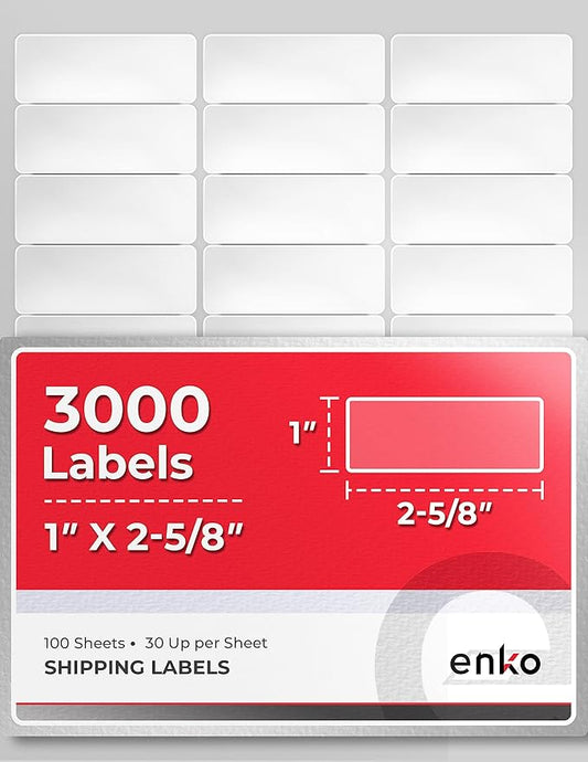 enKo 1 x 2-5/8 Inch 30 Up Return Mailing Address Labels White Printable FBA Labels (100 Sheets, 3000 Labels)-DeskLoop Office