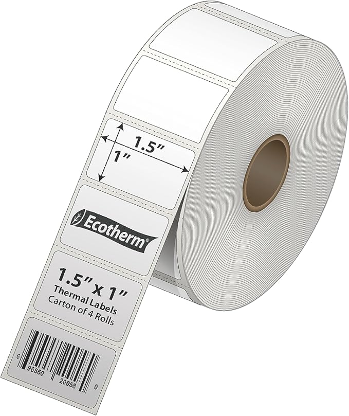 1.5" x 1" Thermal Labels | 4 Rolls | 5300 Labels | fits Zebra, Godex, Arkscan, iDPRT, Offnova Thermal Label Printers and More | Blank White Adhesive Stickers by Ecotherm-DeskLoop Office