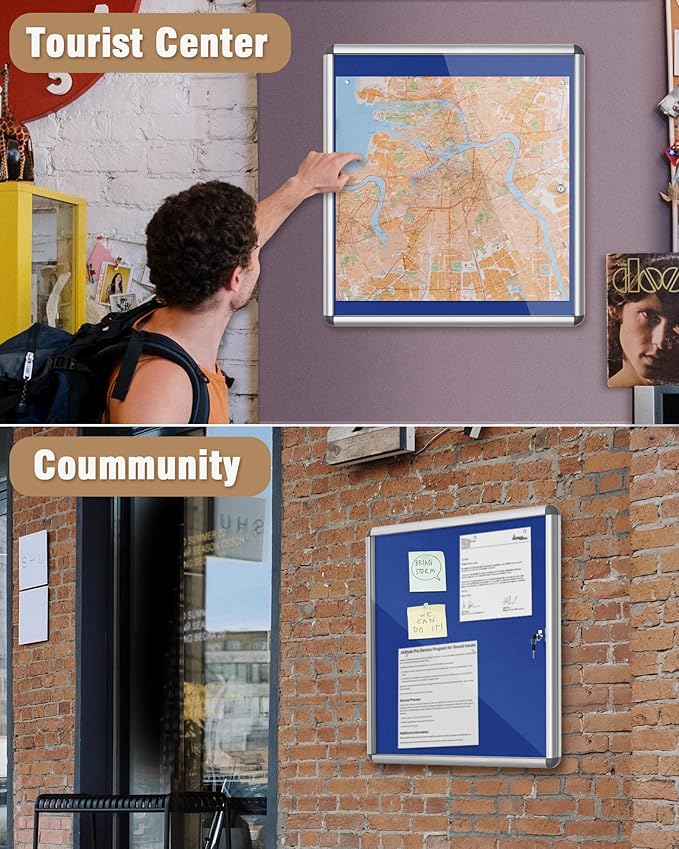 28"x26" Enclosed Bulletin Board, Lockable Weather-Resistant Aluminum Cork Noticeboard for School & Office, Silver Frame w/Blue Flet-DeskLoop Office