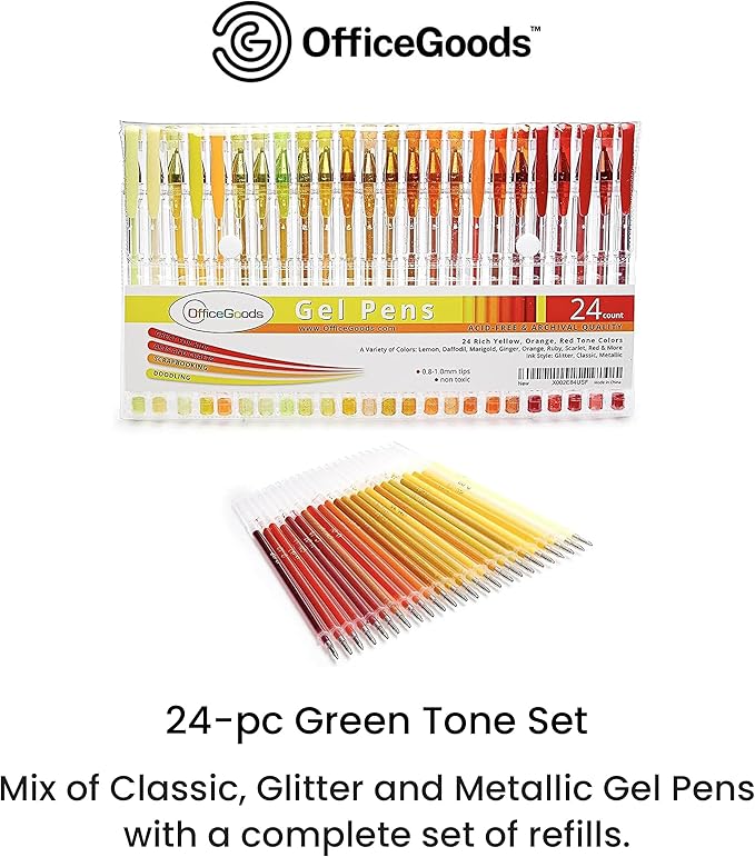 OfficeGoods Yellow Orange Red Gel Pens with Refills – Neon Journaling Art – Medium 0.8-1.0mm Tips – Non-Toxic Gel Pens Set – Quick Dry Smudge-Free 24 Pack Colors-DeskLoop Office