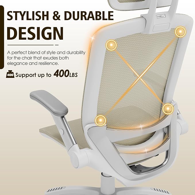 GABRYLLY Ergonomic Office Chair, High Back Home Desk Chair with Headrest, Flip-Up Arms, 90-120° Tilt Lock and Wide Cushion, 400LBS Mesh Chairs for Man Woman, White Task Chair(Beige,GY01WBG)-DeskLoop Office