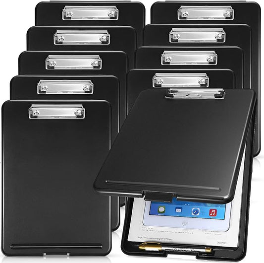 10 Pieces Clipboard with Storage Plastic Storage Clipboard Nursing Clip Board Foldable Clip Board with Low Profile Clip for Home Office School, Size 9.5 x 13.5 Inch (Black)-DeskLoop Office