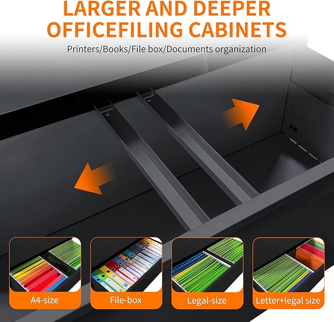 Locking Filing Cabinet with 3 Drawer Heavy Duty Large Metal Cabinet Home Office Black Lateral File Cabinets Wide Steel Cabinets for Legal/Letter Size File,Assembly Required